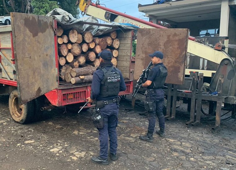 SSP SSP asegura camión con madera presuntamente ilegal en Uruapan